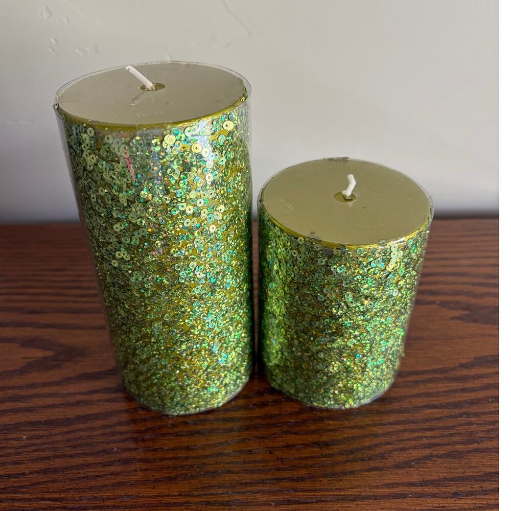 Celebrate It Sequin Shiny Green Decorative Halloween Pillar Candles 2PK